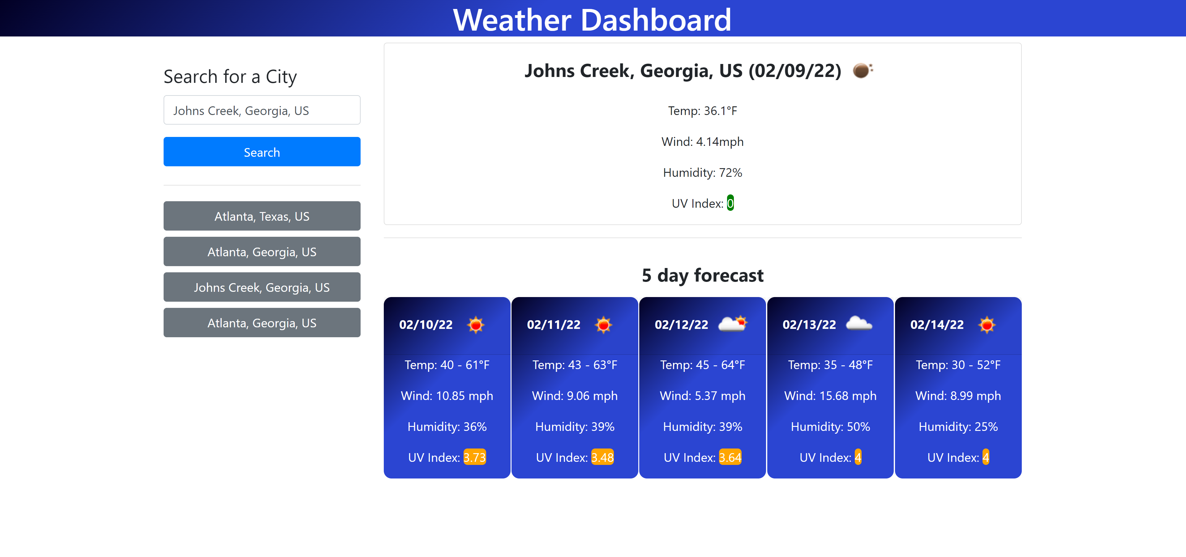 Weather Dashboard Screenshot